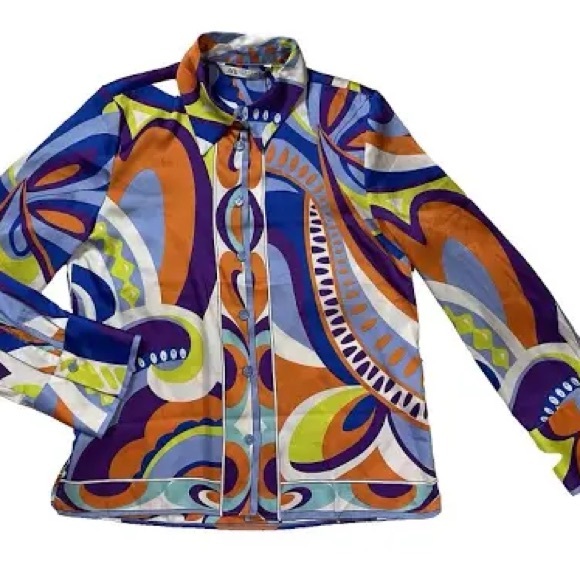 ZARA, Vibrant Long Sleeve, Multicolored Abstract Geometric Blouse, Size XSmall - Picture 6 of 11